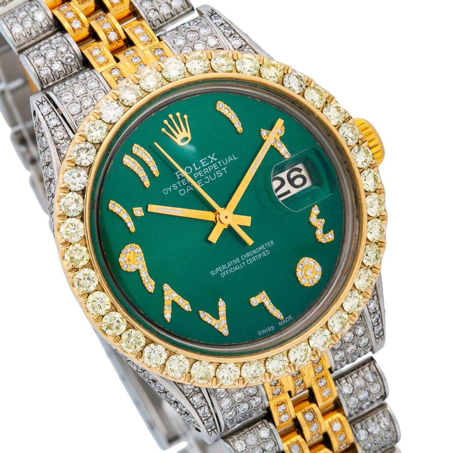 Rolex Datejust 36MM 1601 Green Eastern Arabic Diamond Dial Diamond Bezel Two Tone Yellow Gold Full Diamond Jubilee Bracelet 8.25ct