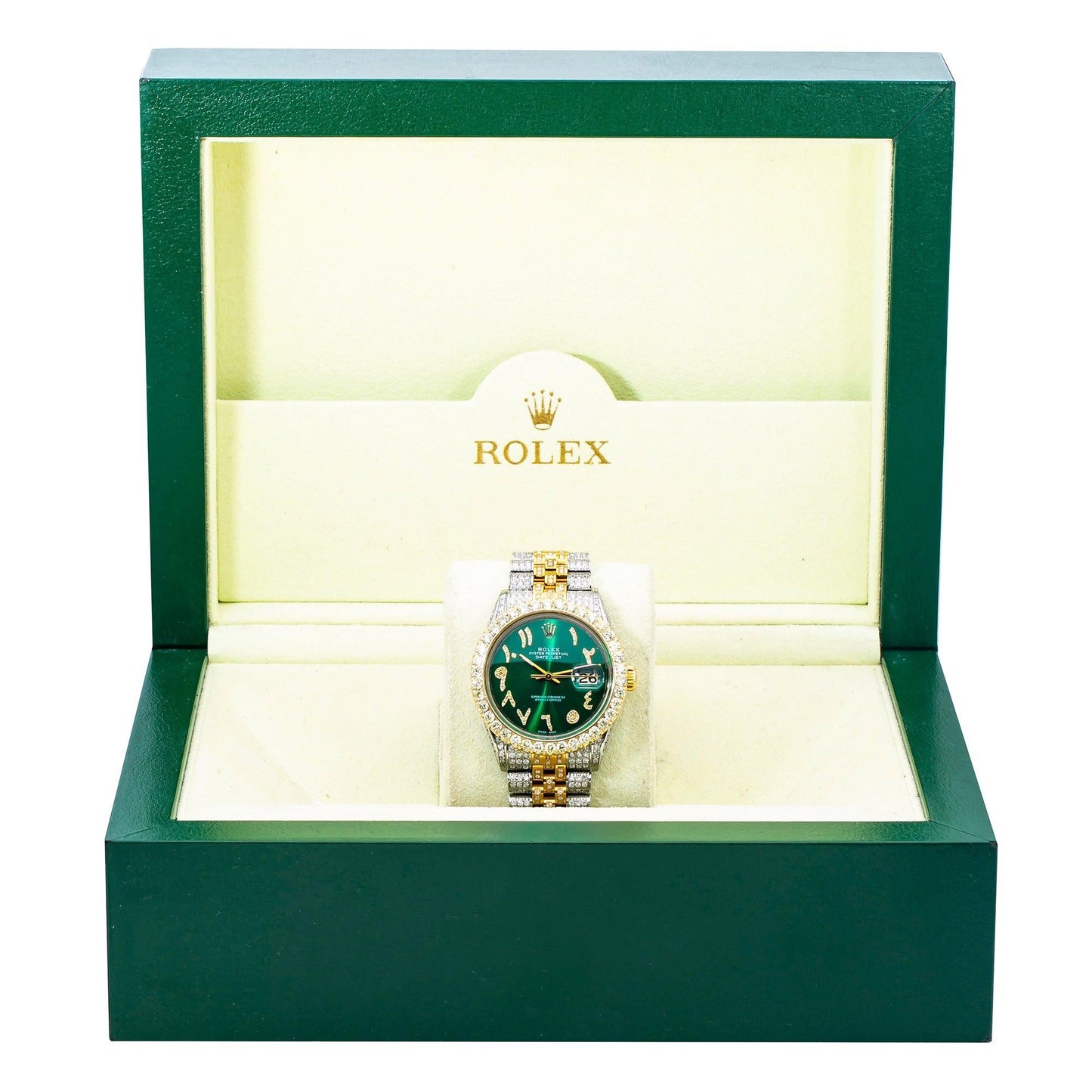 Rolex Datejust 36MM 1601 Green Eastern Arabic Diamond Dial Diamond Bezel Two Tone Yellow Gold Full Diamond Jubilee Bracelet 8.25ct