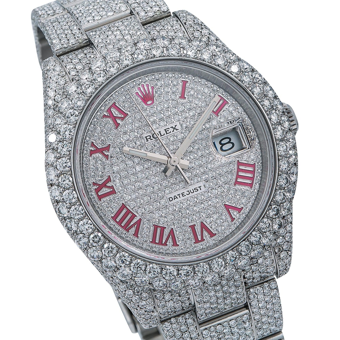 Rolex Datejust 41MM 116300 Diamond Paved Pink Roman Dial Diamond Bezel Stainless Steel Full Diamond Oyster Bracelet 19.75ct