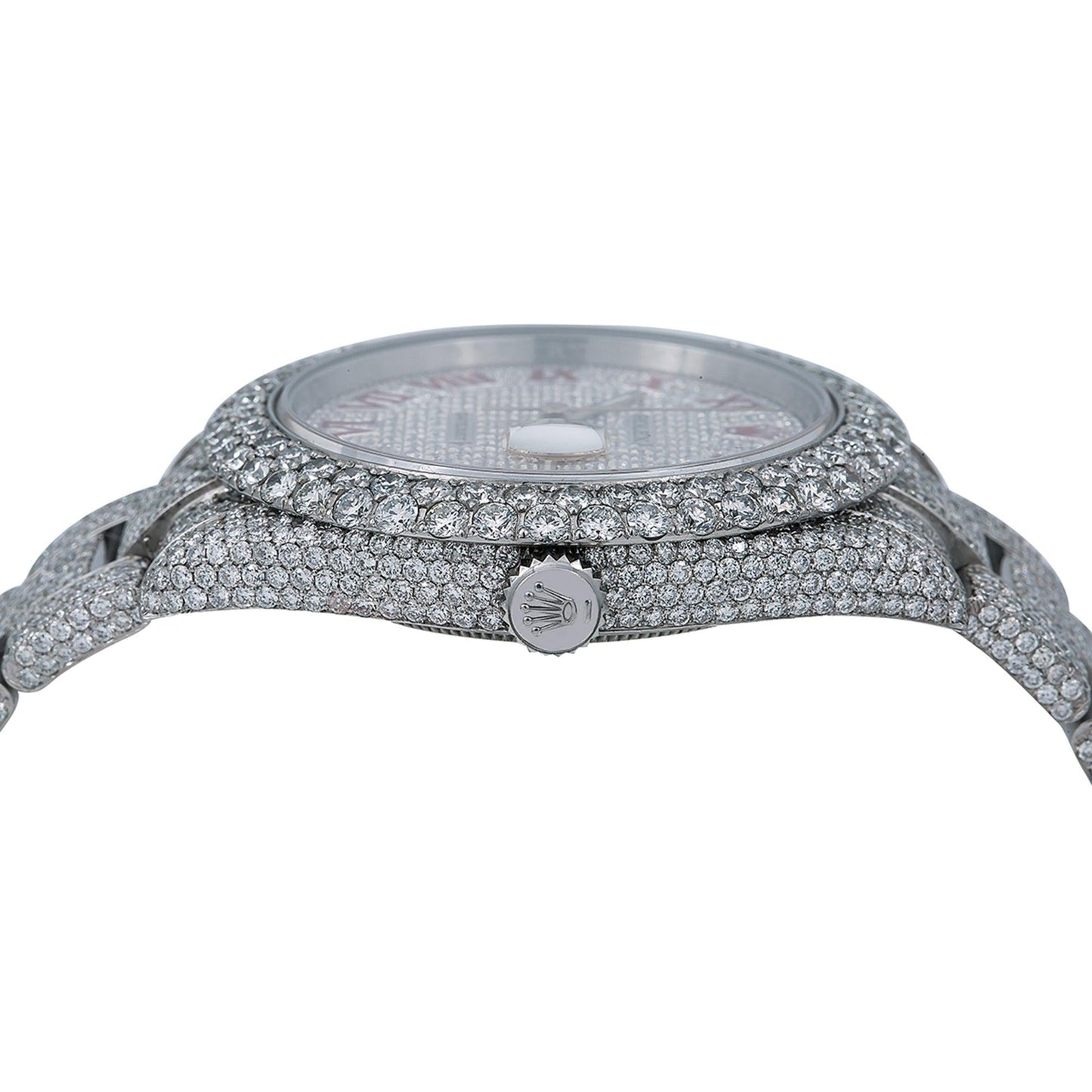 Rolex Datejust 41MM 116300 Diamond Paved Pink Roman Dial Diamond Bezel Stainless Steel Full Diamond Oyster Bracelet 19.75ct