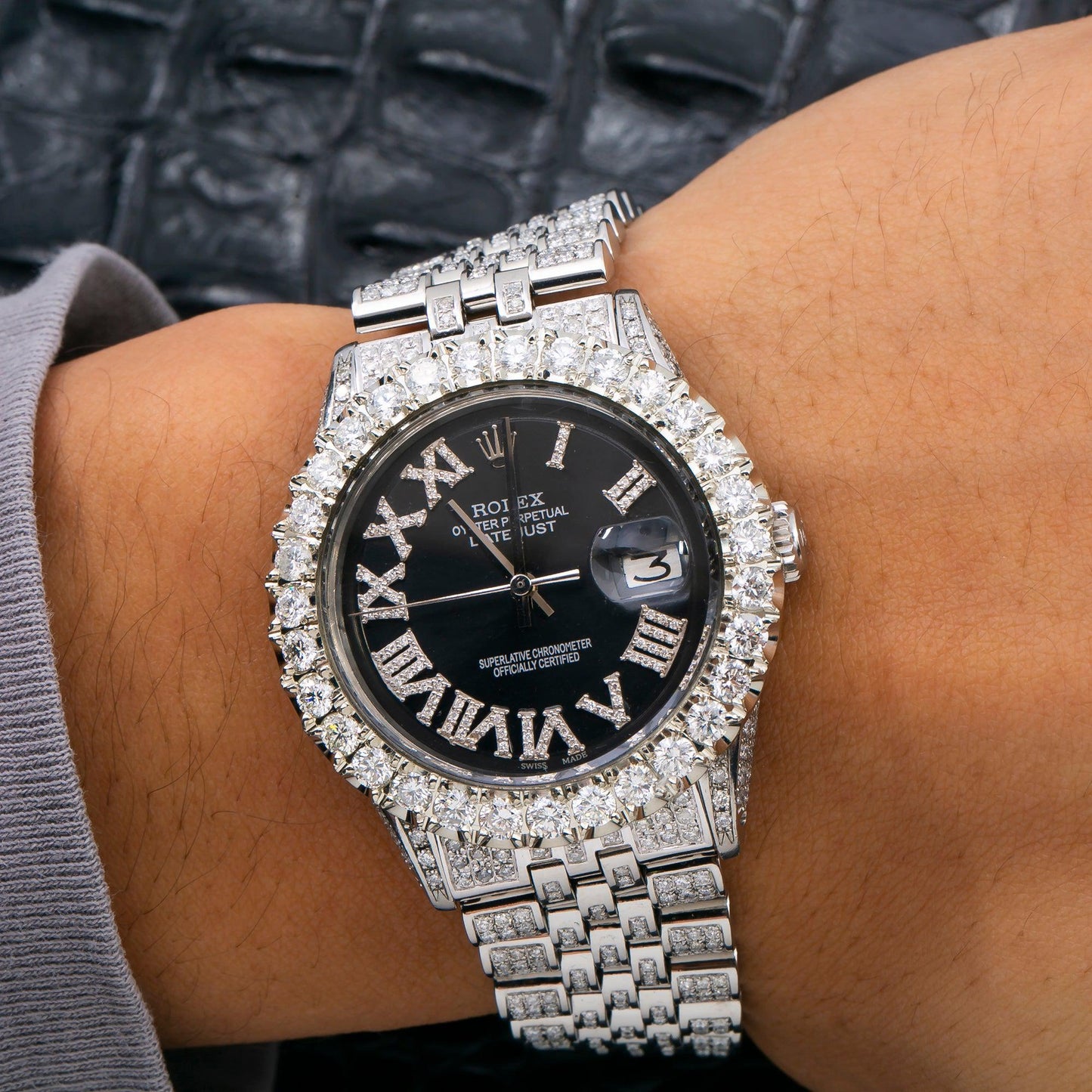 Rolex Datejust 36MM 1601 Black Roman Diamond Dial Diamond Bezel Stainless Steel Full Diamond Jubilee Bracelet 8.25ct
