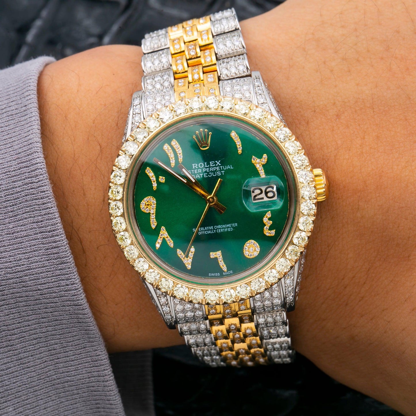 Rolex Datejust 36MM 1601 Green Eastern Arabic Diamond Dial Diamond Bezel Two Tone Yellow Gold Full Diamond Jubilee Bracelet 8.25ct