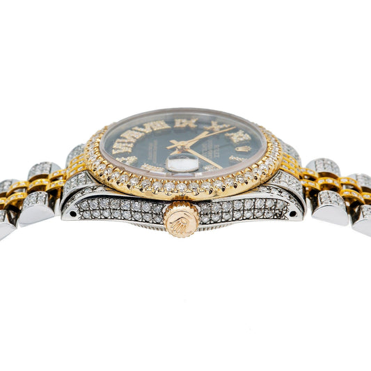 Rolex Datejust 31MM 6824 Black Roman Diamond Dial Diamond Bezel Two Tone Yellow Gold Full Diamond Jubilee Bracelet