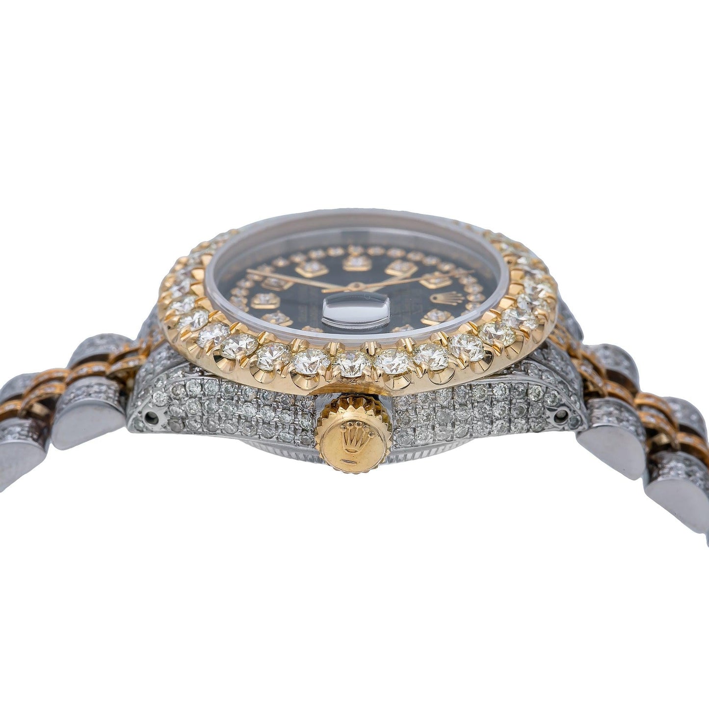 Rolex Datejust 26MM 6917 Black Diamond Dial Diamond Bezel Two Tone Yellow Gold Full Diamond Jubilee Bracelet 5.25ct