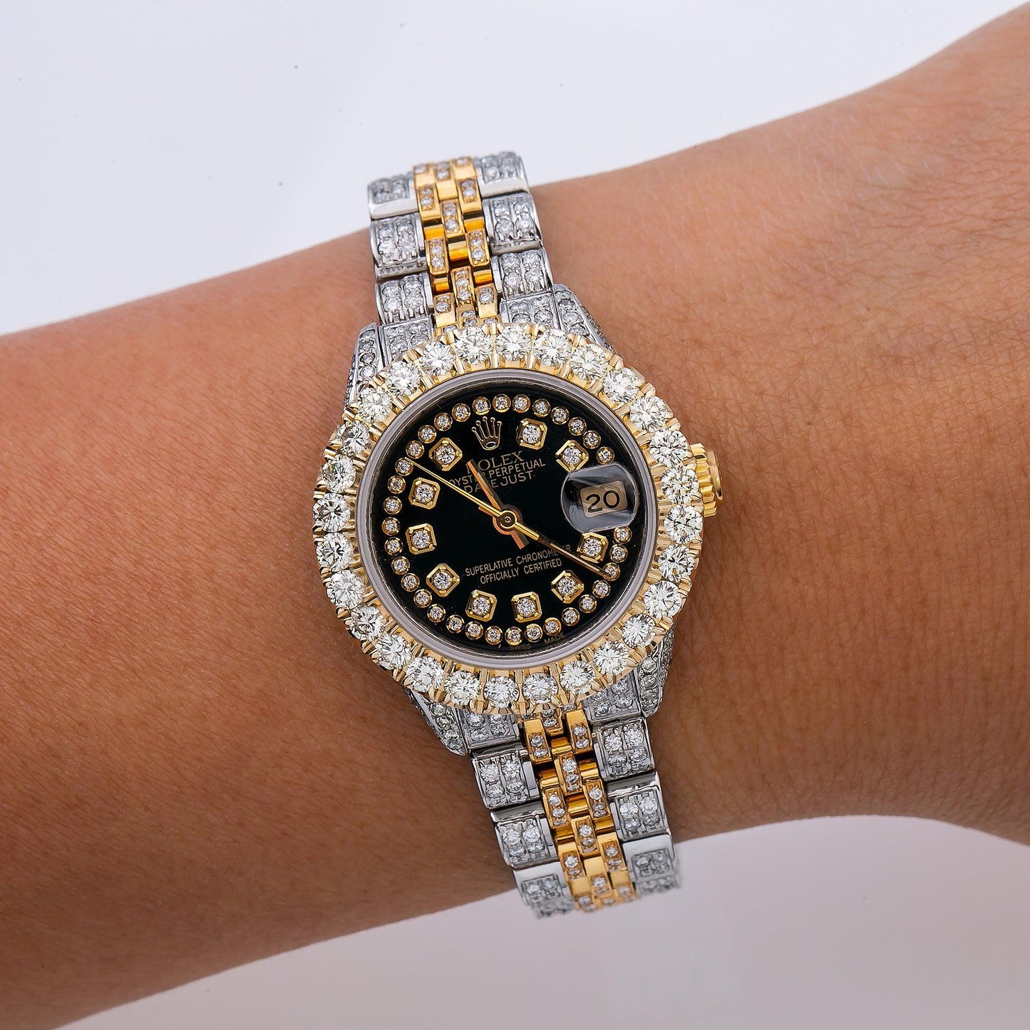 Rolex Datejust 26MM 6917 Black Diamond Dial Diamond Bezel Two Tone Yellow Gold Full Diamond Jubilee Bracelet 5.25ct