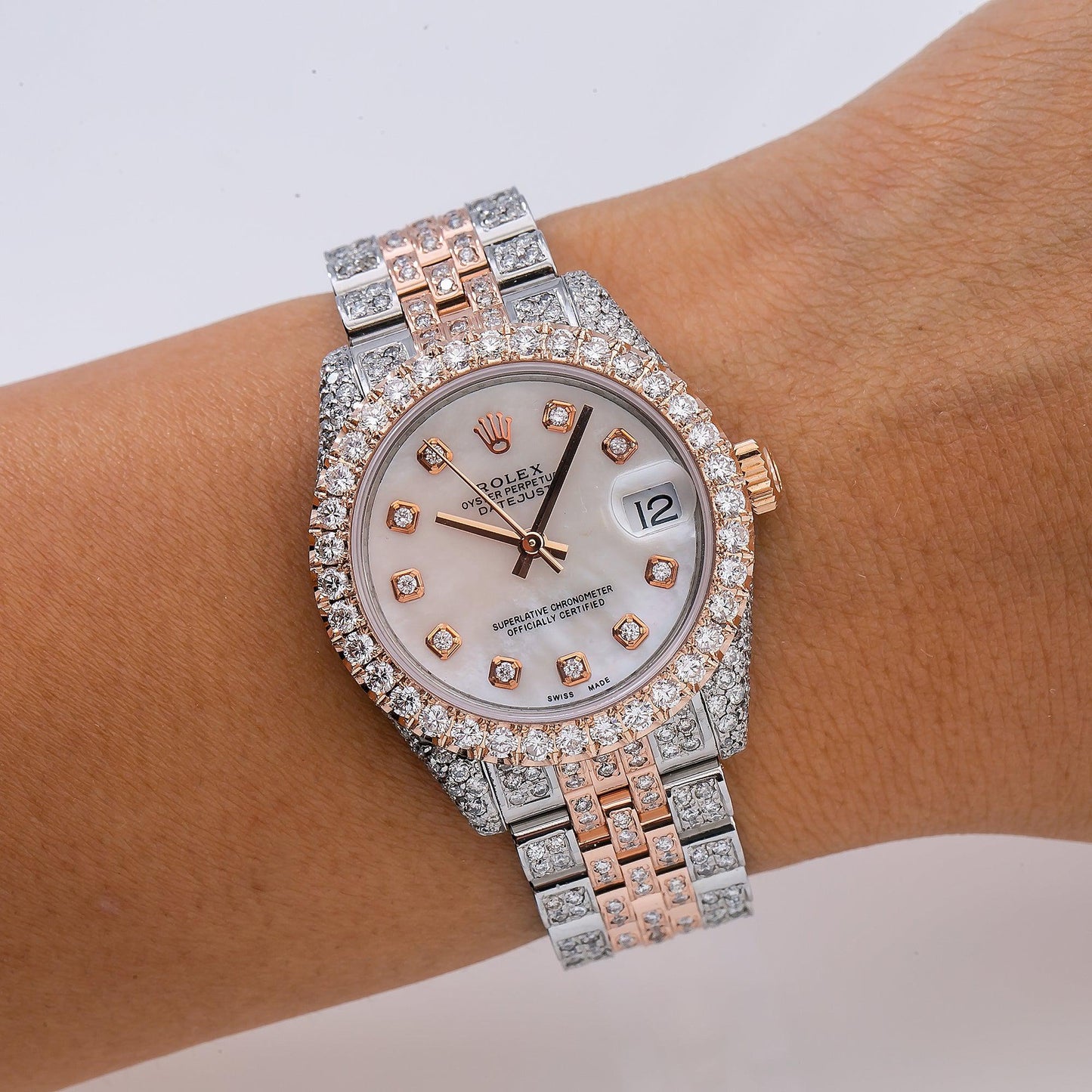 Rolex Datejust 31MM 178271 Mother of Pearl Diamond Dial Diamond Bezel Two Tone Rose Gold Full Diamond Jubilee Bracelet 11.25ct