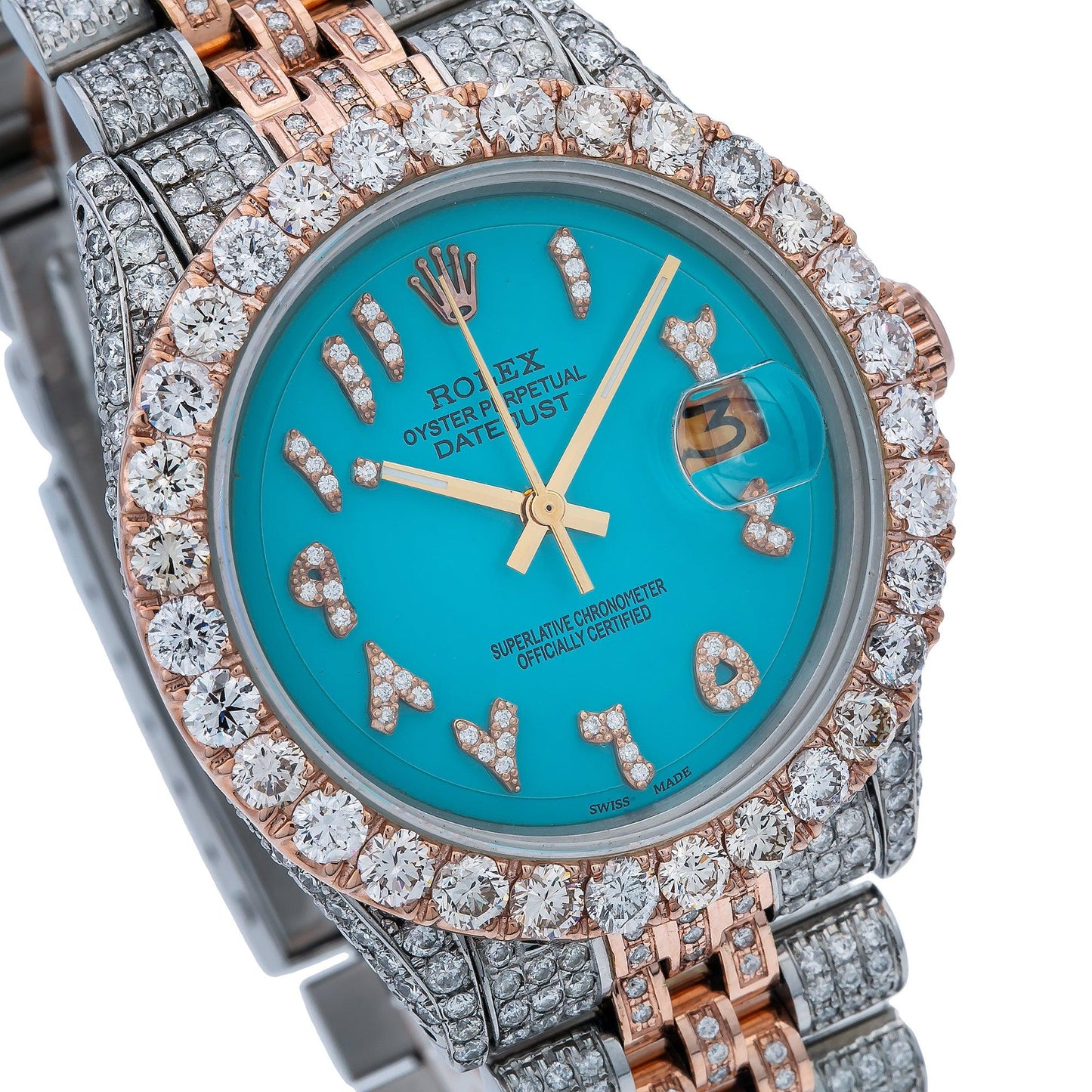 Rolex Datejust 36MM 1601 Turquoise Eastern Arabic Diamond Dial Diamond Bezel Two Tone Rose Gold Full Diamond Jubilee Bracelet