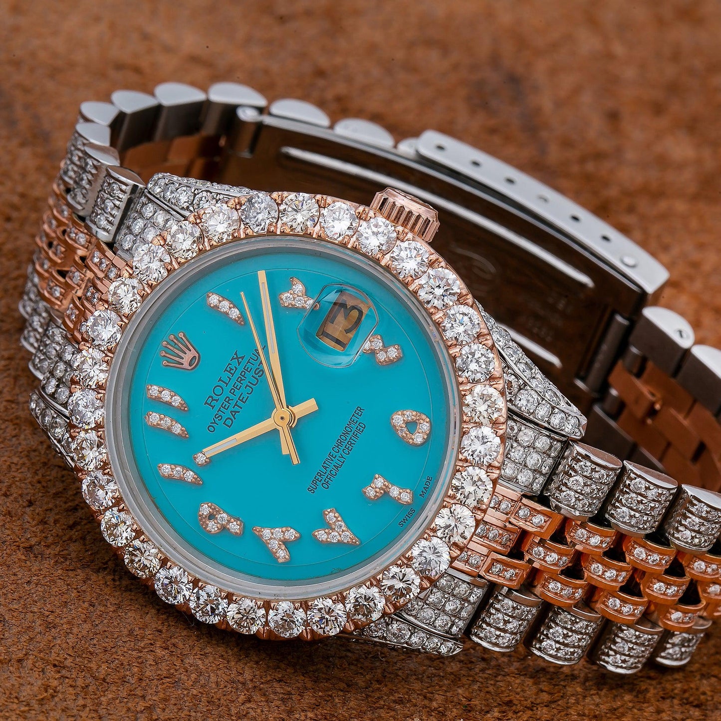 Rolex Datejust 36MM 1601 Turquoise Eastern Arabic Diamond Dial Diamond Bezel Two Tone Rose Gold Full Diamond Jubilee Bracelet