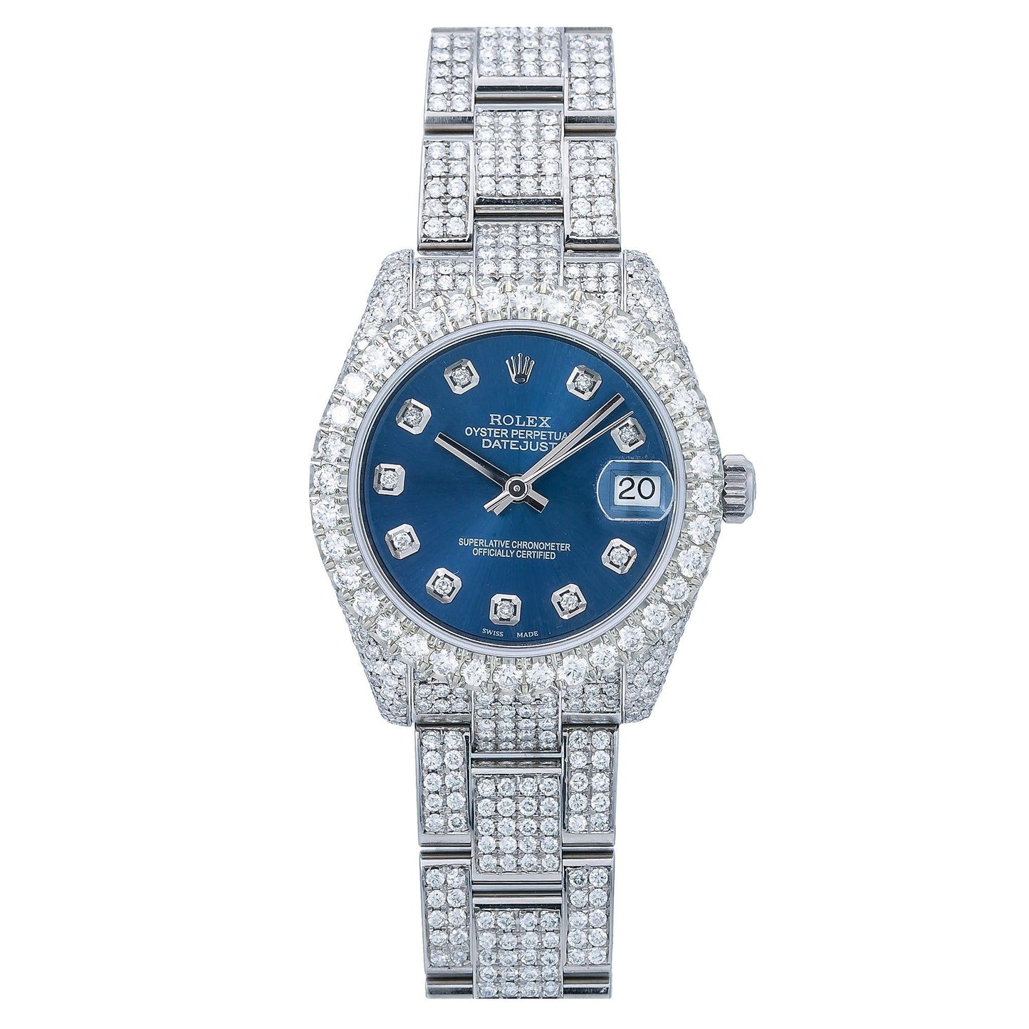 Rolex Datejust 31MM 178240 Blue Diamond Dial Diamond Bezel Stainless Steel Full Diamond Oyster Bracelet 10.25ct