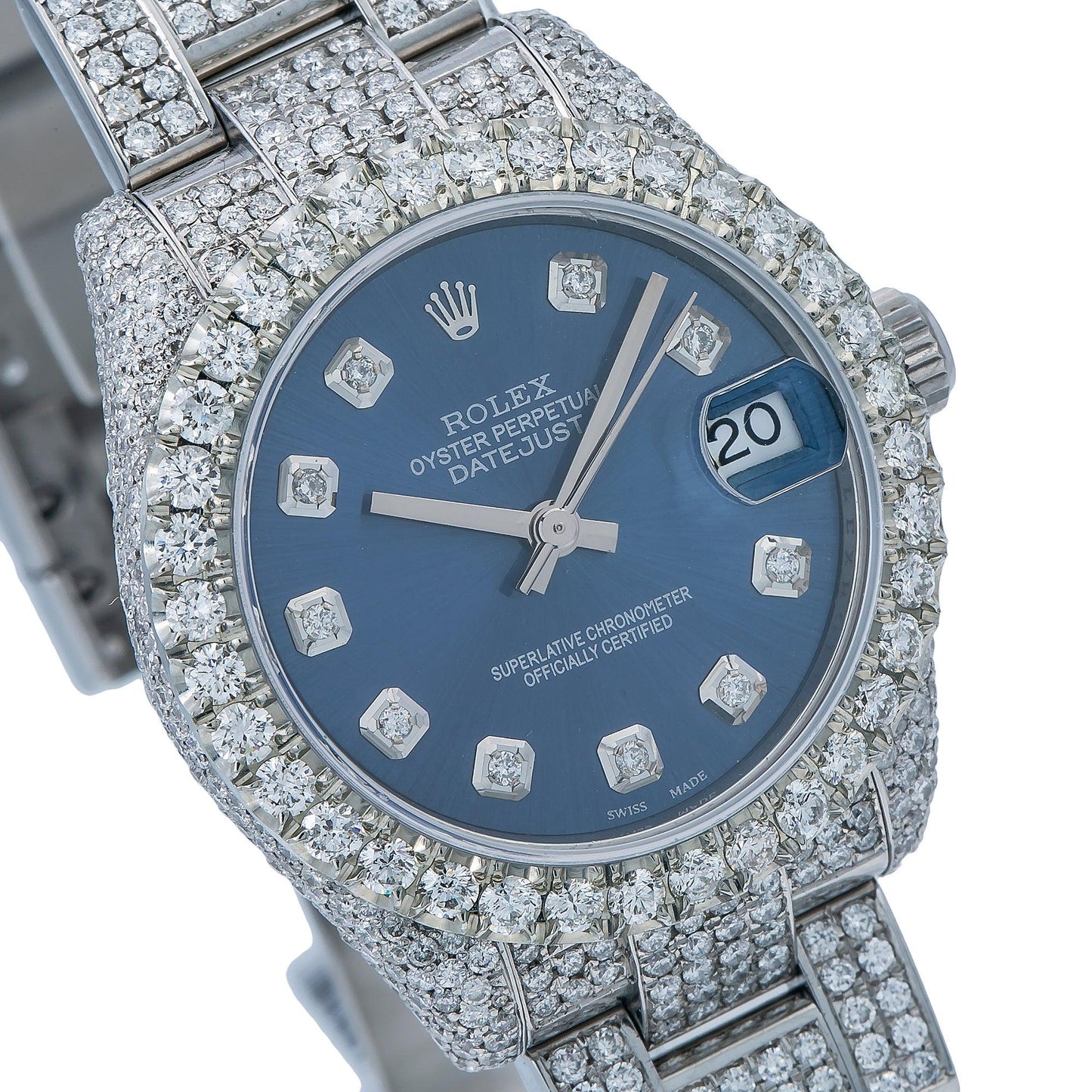 Rolex Datejust 31MM 178240 Blue Diamond Dial Diamond Bezel Stainless Steel Full Diamond Oyster Bracelet 10.25ct