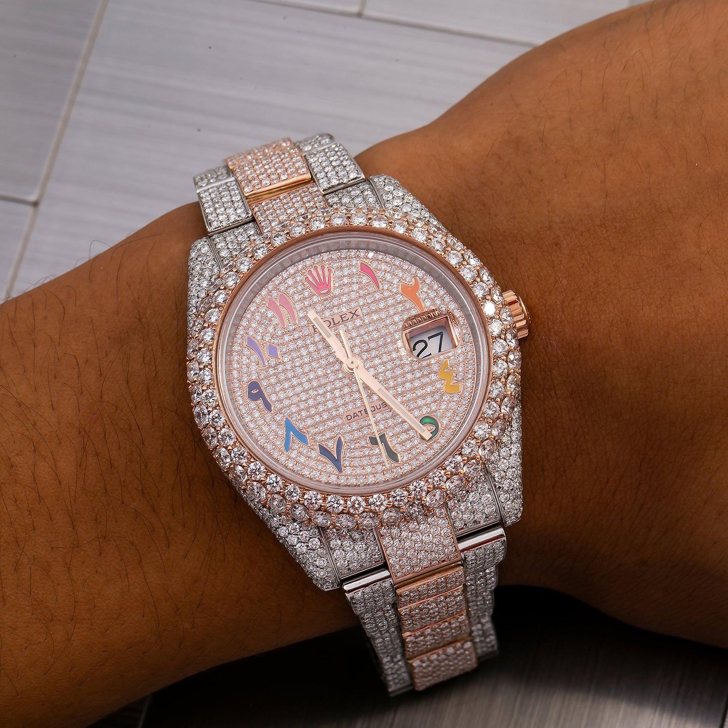 Rolex Datejust 41MM 126331 Diamond Paved Rainbow Eastern Arabic Dial Diamond Bezel Two Tone Rose Gold Full Diamond Jubilee Bracelet