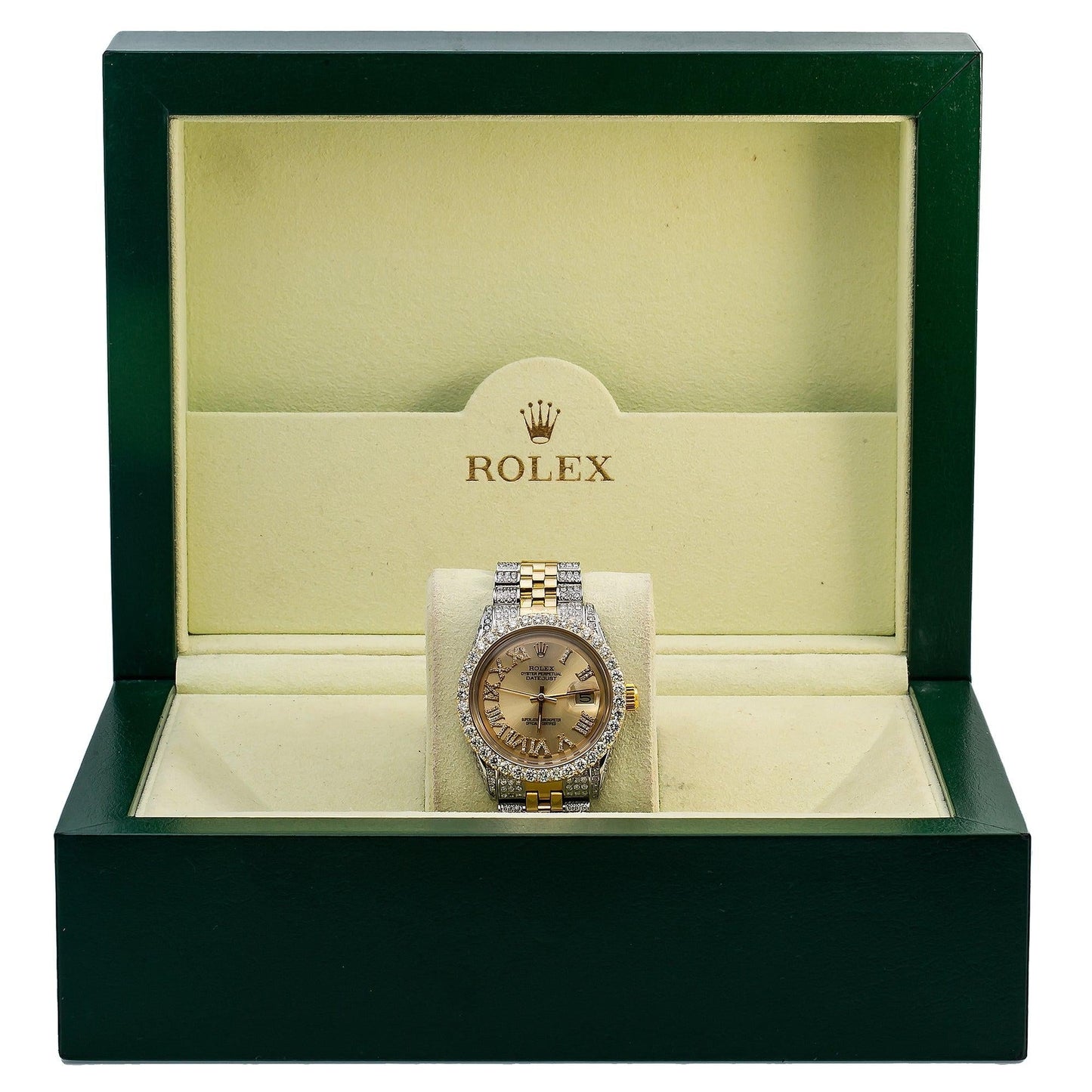 Rolex Datejust 36MM 1601 Champagne Roman Diamond Dial Diamond Bezel Two Tone Yellow Gold Semi Diamond Jubilee Bracelet 6.75ct