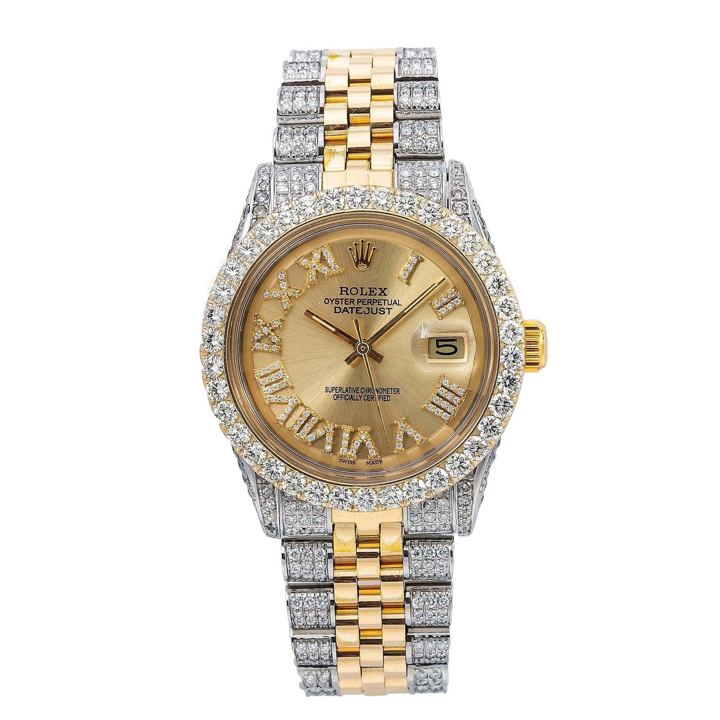 Rolex Datejust 36MM 1601 Champagne Roman Diamond Dial Diamond Bezel Two Tone Yellow Gold Semi Diamond Jubilee Bracelet 6.75ct