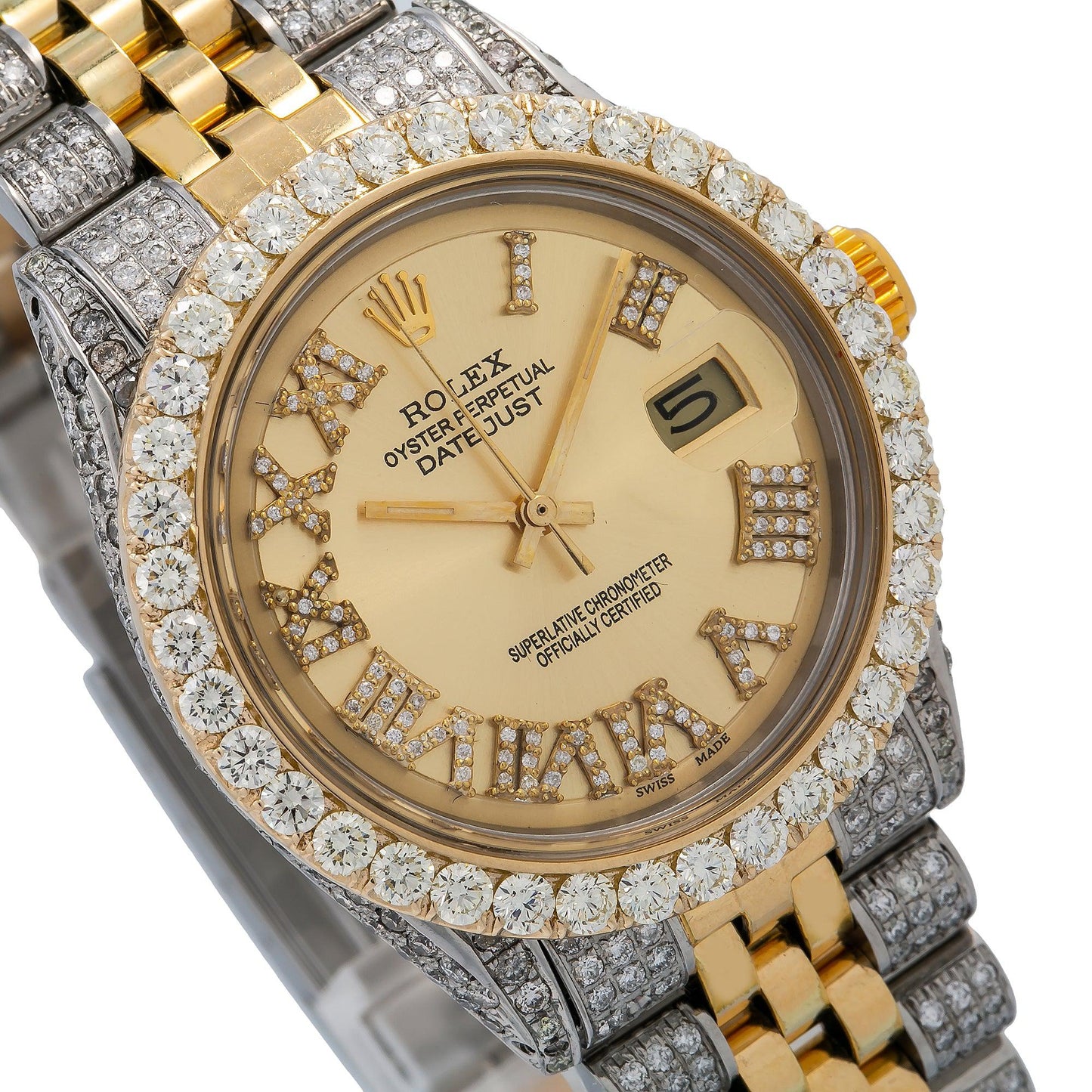 Rolex Datejust 36MM 1601 Champagne Roman Diamond Dial Diamond Bezel Two Tone Yellow Gold Semi Diamond Jubilee Bracelet 6.75ct