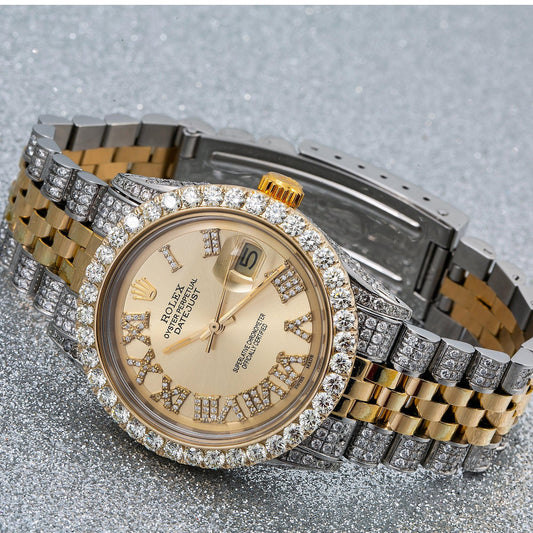 Rolex Datejust 36MM 1601 Champagne Roman Diamond Dial Diamond Bezel Two Tone Yellow Gold Semi Diamond Jubilee Bracelet 6.75ct