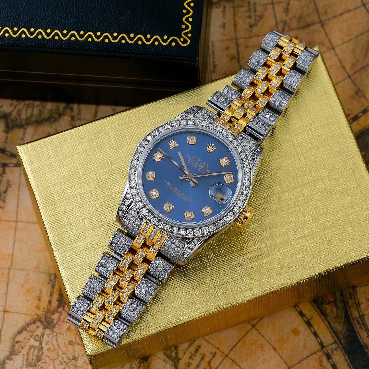 Rolex Datejust 31MM 68273 Blue Diamond Dial Diamond Bezel Two Tone Yellow Gold Full Diamond Jubilee Bracelet
