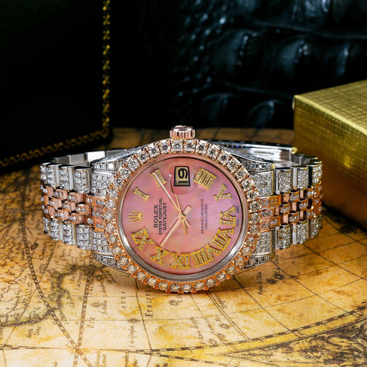 Rolex Datejust 36MM 1601 Pink Mother of Pearl Roman Diamond Dial Diamond Bezel Two Tone Rose Gold Full Diamond Jubilee Bracelet