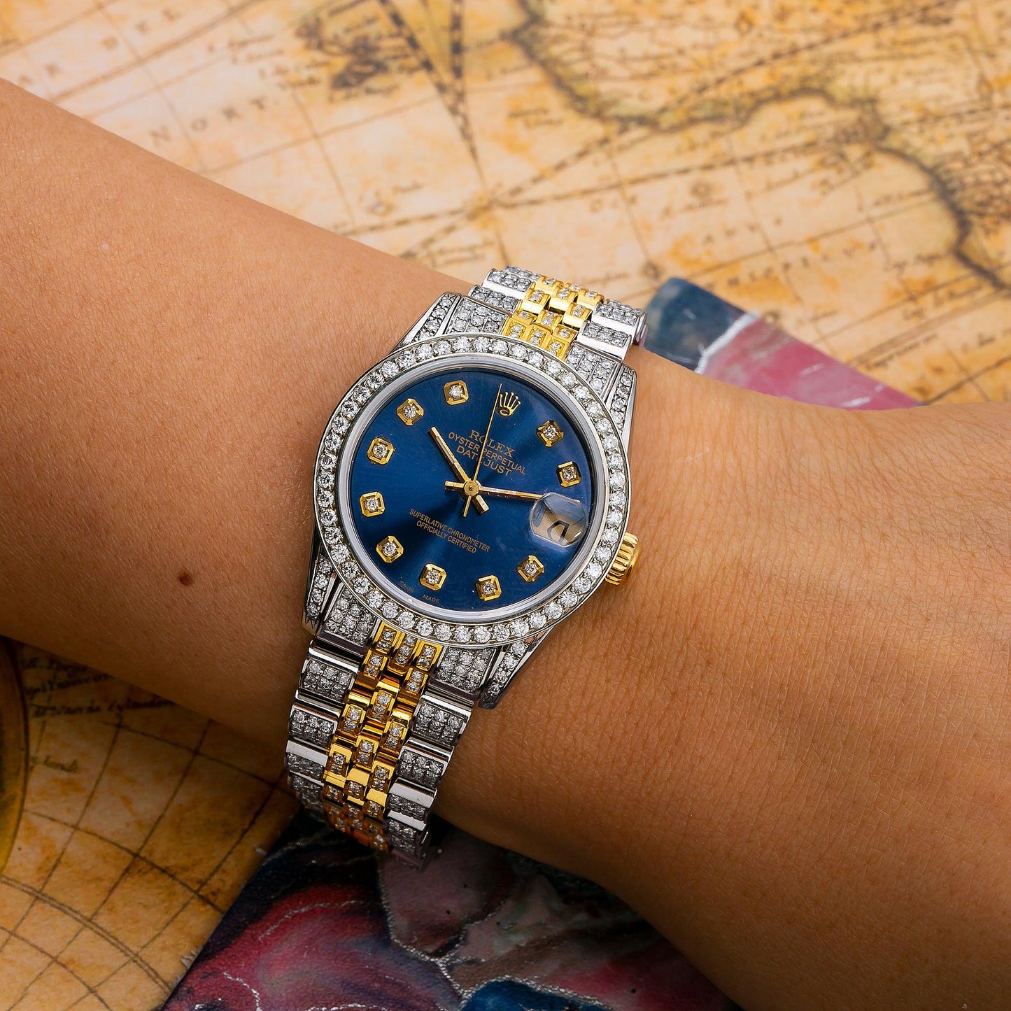 Rolex Datejust 31MM 68273 Blue Diamond Dial Diamond Bezel Two Tone Yellow Gold Full Diamond Jubilee Bracelet