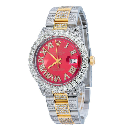 Rolex Datejust 36MM 1601 Red Roman Diamond Dial Diamond Bezel Two Tone Yellow Gold Full Diamond Oyster Bracelet 9.75ct