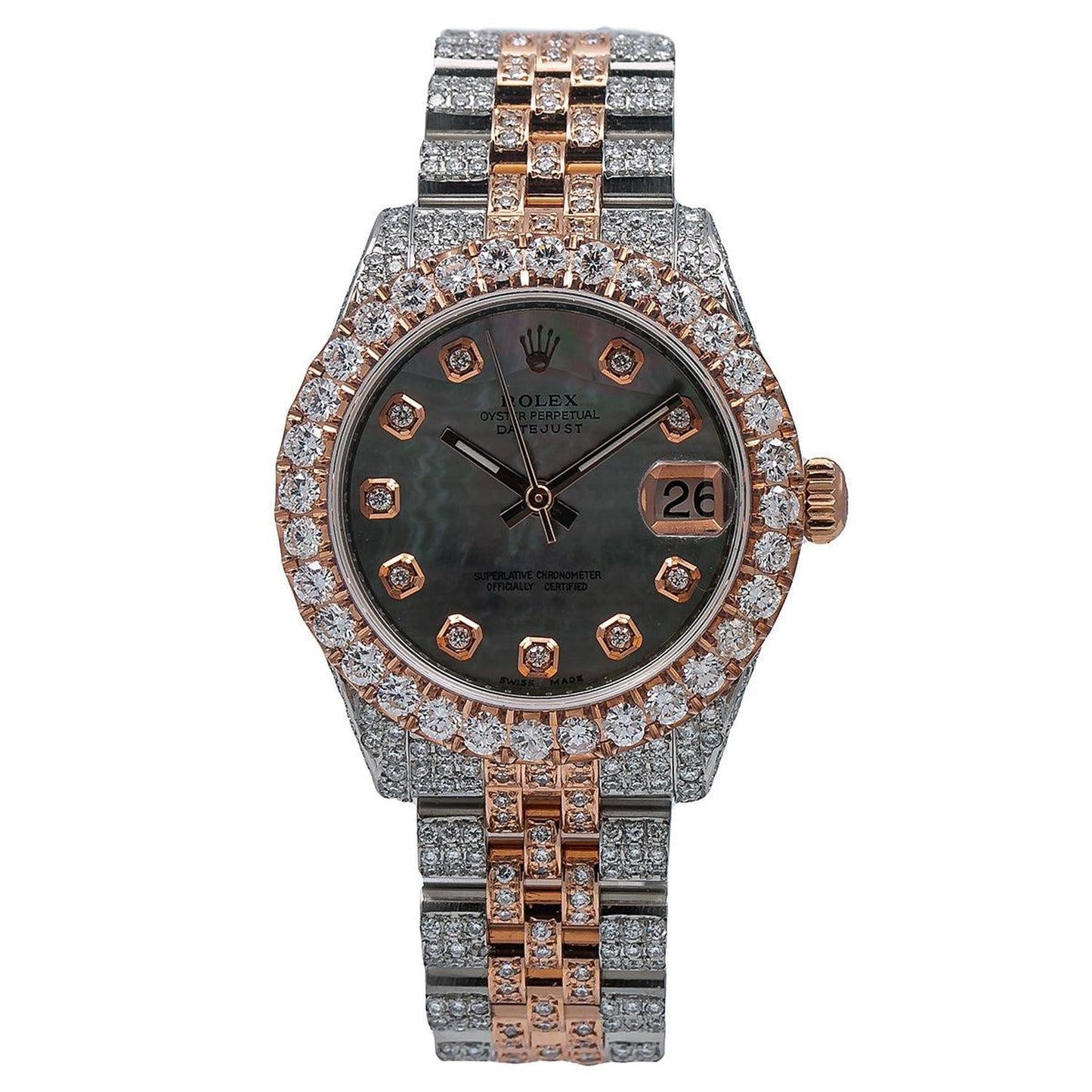 Rolex Datejust 31MM 178271 Black Mother of Pearl Diamond Dial Diamond Bezel Two Tone Rose Gold Full Diamond Jubilee Bracelet 9.65ct