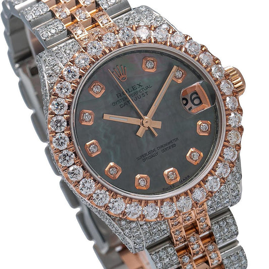 Rolex Datejust 31MM 178271 Black Mother of Pearl Diamond Dial Diamond Bezel Two Tone Rose Gold Full Diamond Jubilee Bracelet 9.65ct