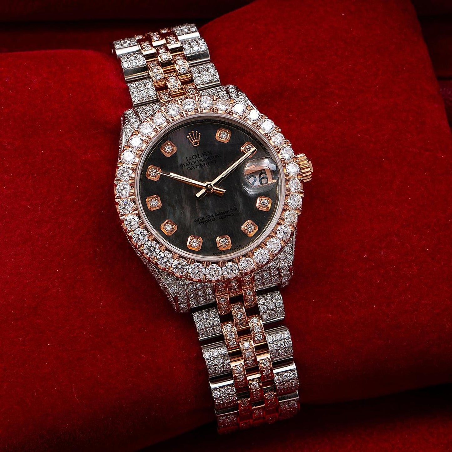 Rolex Datejust 31MM 178271 Black Mother of Pearl Diamond Dial Diamond Bezel Two Tone Rose Gold Full Diamond Jubilee Bracelet 9.65ct