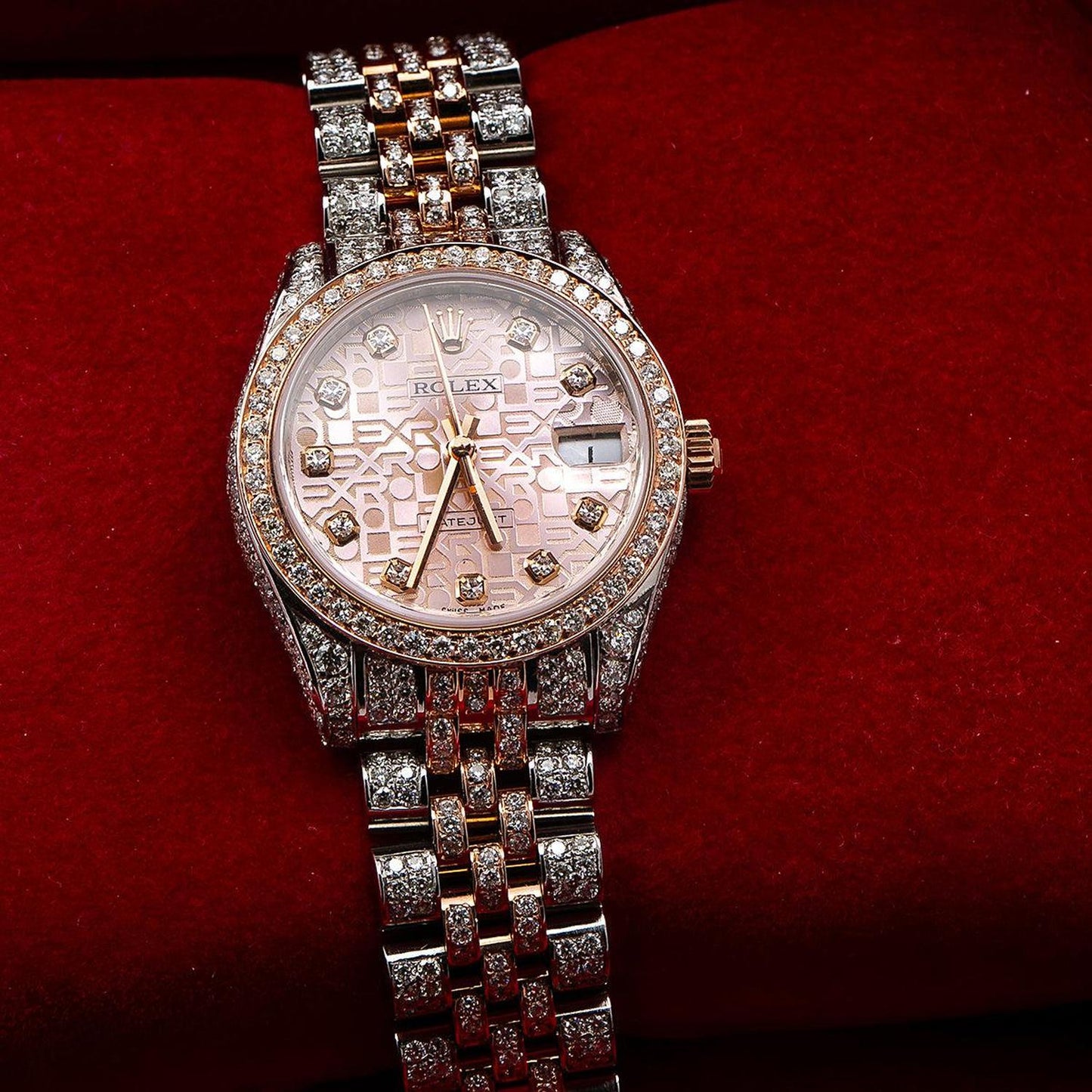 Rolex Datejust 31MM 178271 Pink Pattern Diamond Dial Diamond Bezel Two Tone Rose Gold Full Diamond Jubilee Bracelet 7.25ct