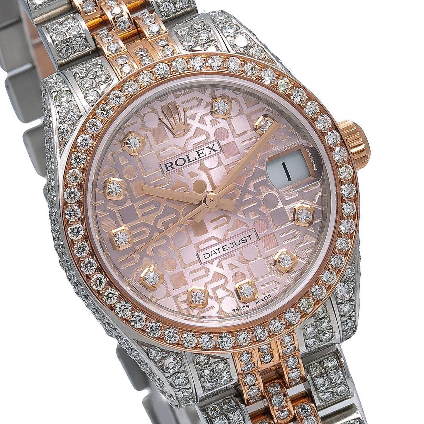 Rolex Datejust 31MM 178271 Pink Pattern Diamond Dial Diamond Bezel Two Tone Rose Gold Full Diamond Jubilee Bracelet 7.25ct