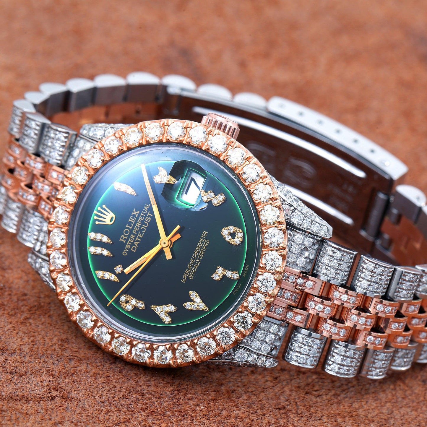 Rolex Datejust 36MM 1601 Green Eastern Arabic Diamond Dial Diamond Bezel Two Tone Rose Gold Full Diamond Jubilee Bracelet