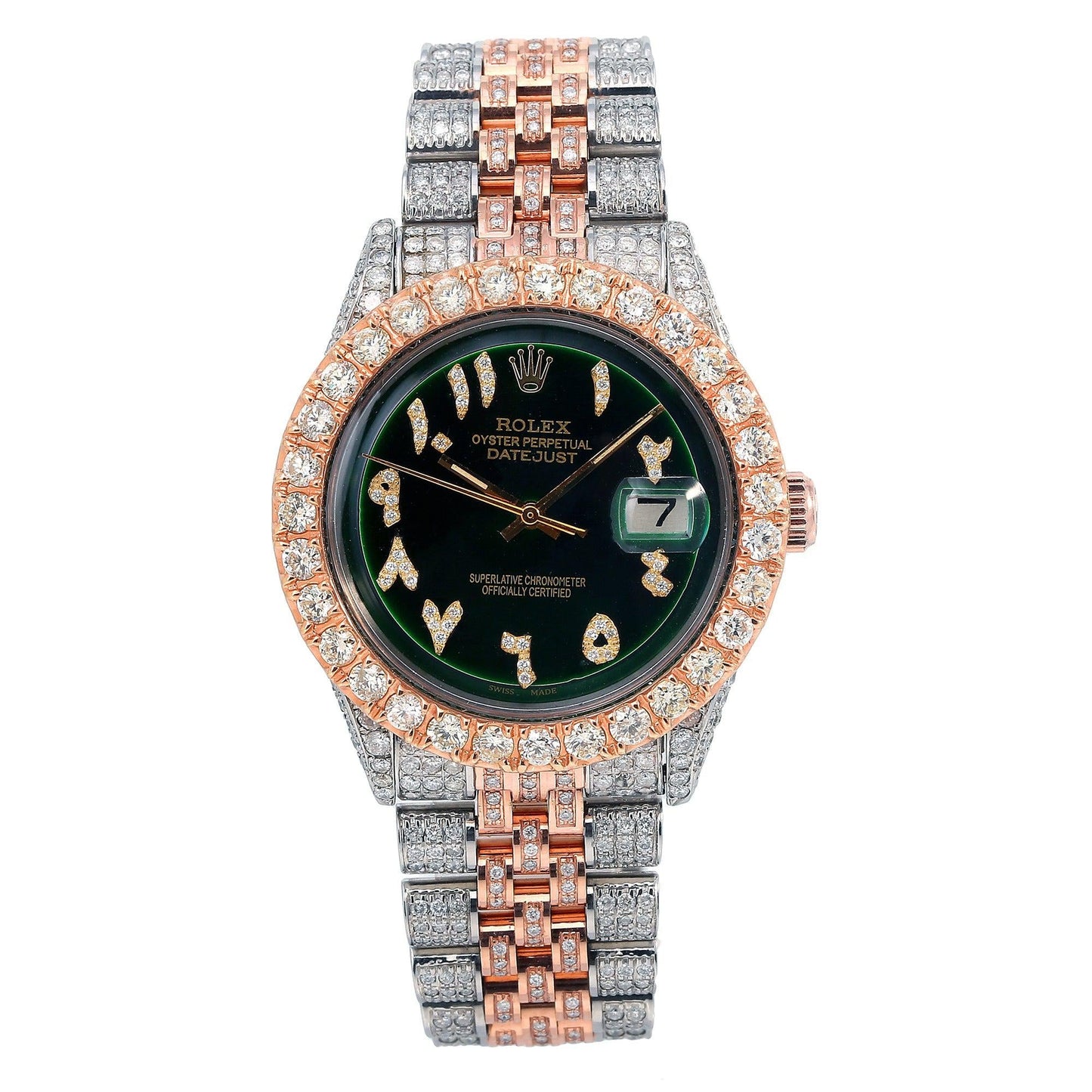 Rolex Datejust 36MM 1601 Green Eastern Arabic Diamond Dial Diamond Bezel Two Tone Rose Gold Full Diamond Jubilee Bracelet