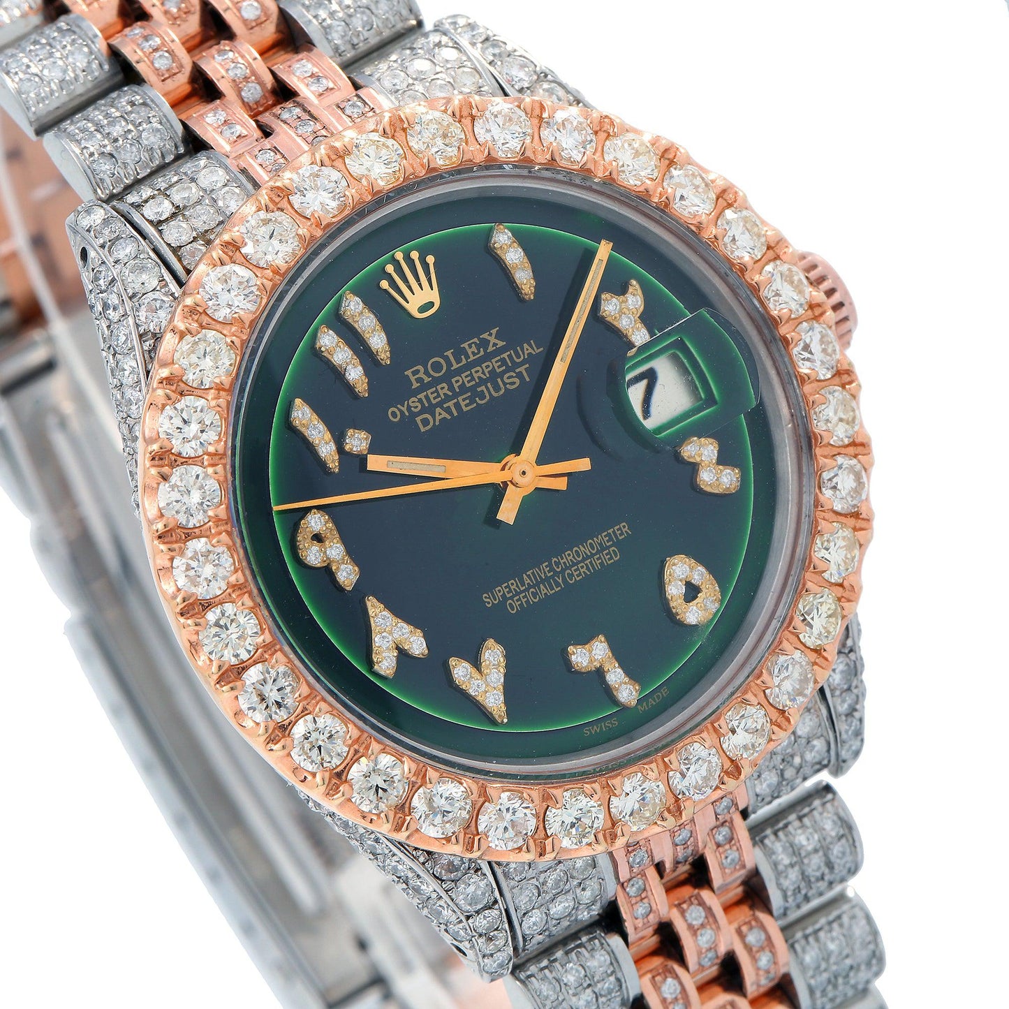 Rolex Datejust 36MM 1601 Green Eastern Arabic Diamond Dial Diamond Bezel Two Tone Rose Gold Full Diamond Jubilee Bracelet