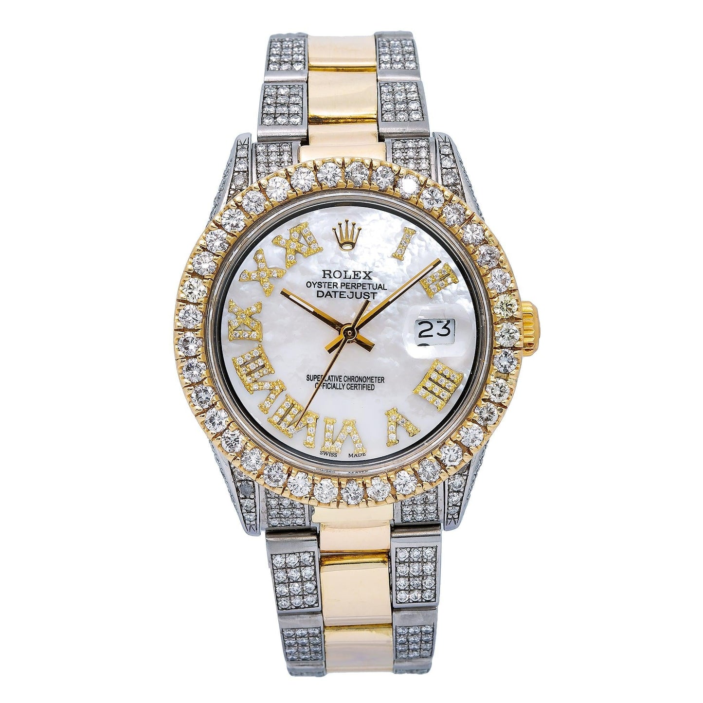 Rolex Datejust 36MM 1601 Mother of Pearl Roman Diamond Dial Diamond Bezel Two Tone Yellow Gold Semi Diamond Jubilee Bracelet