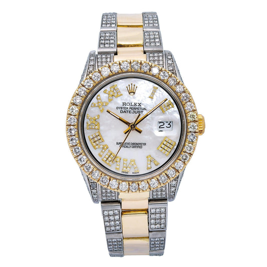 Rolex Datejust 36MM 1601 Mother of Pearl Roman Diamond Dial Diamond Bezel Two Tone Yellow Gold Semi Diamond Jubilee Bracelet