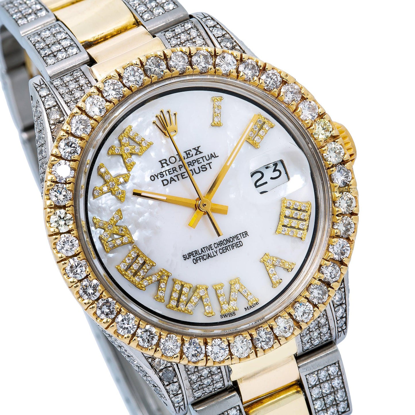 Rolex Datejust 36MM 1601 Mother of Pearl Roman Diamond Dial Diamond Bezel Two Tone Yellow Gold Semi Diamond Jubilee Bracelet