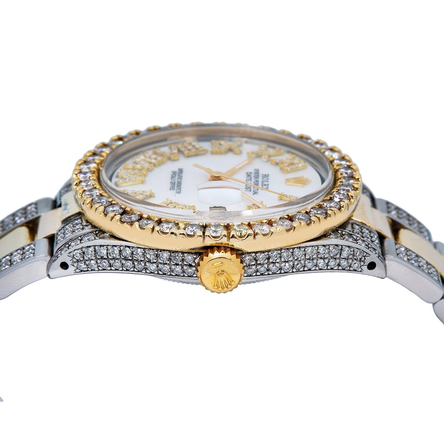 Rolex Datejust 36MM 1601 Mother of Pearl Roman Diamond Dial Diamond Bezel Two Tone Yellow Gold Semi Diamond Jubilee Bracelet