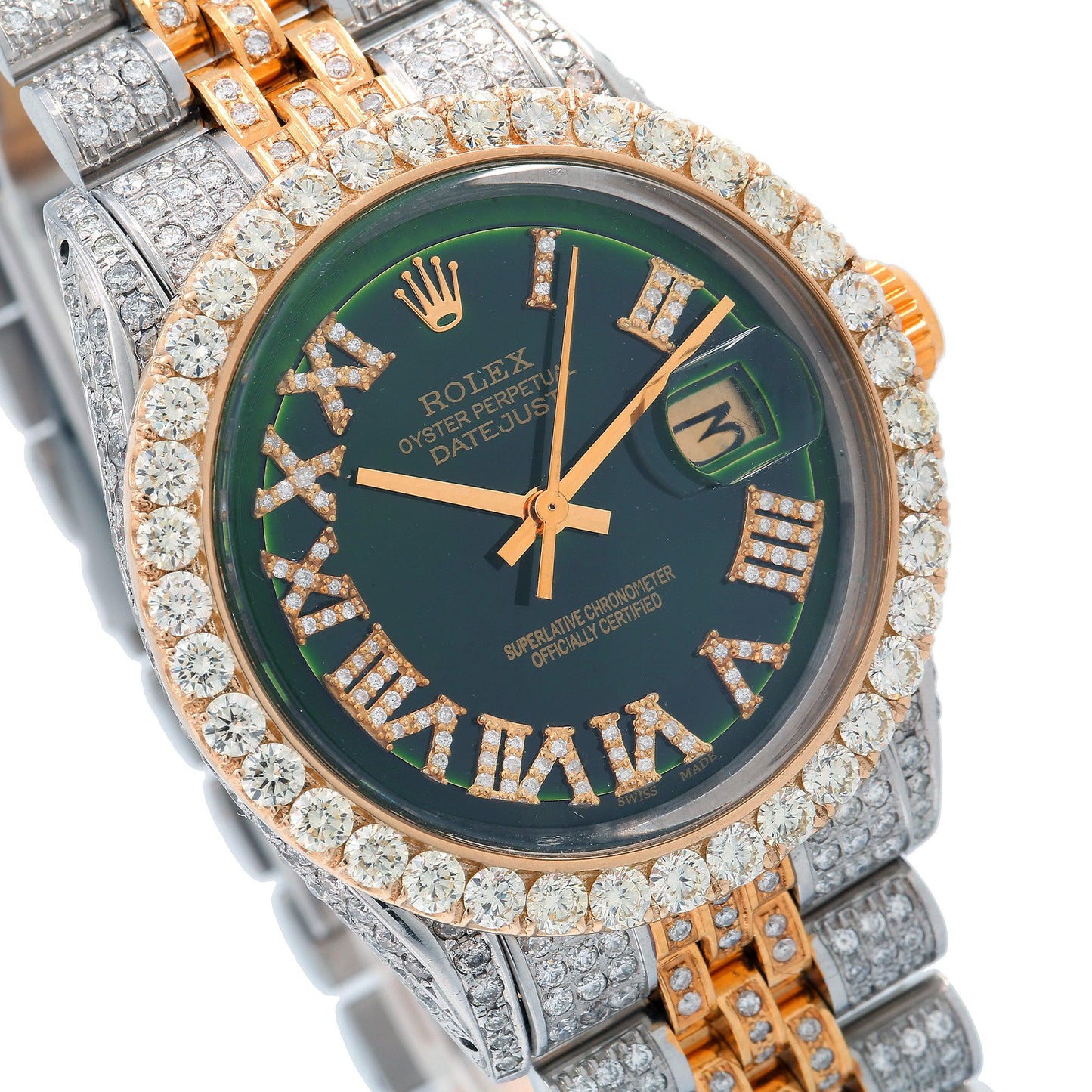 Rolex Datejust 36MM 1601 Green Roman Diamond Dial Diamond Bezel Two Tone Yellow Gold Full Diamond Jubilee Bracelet 9.25ct