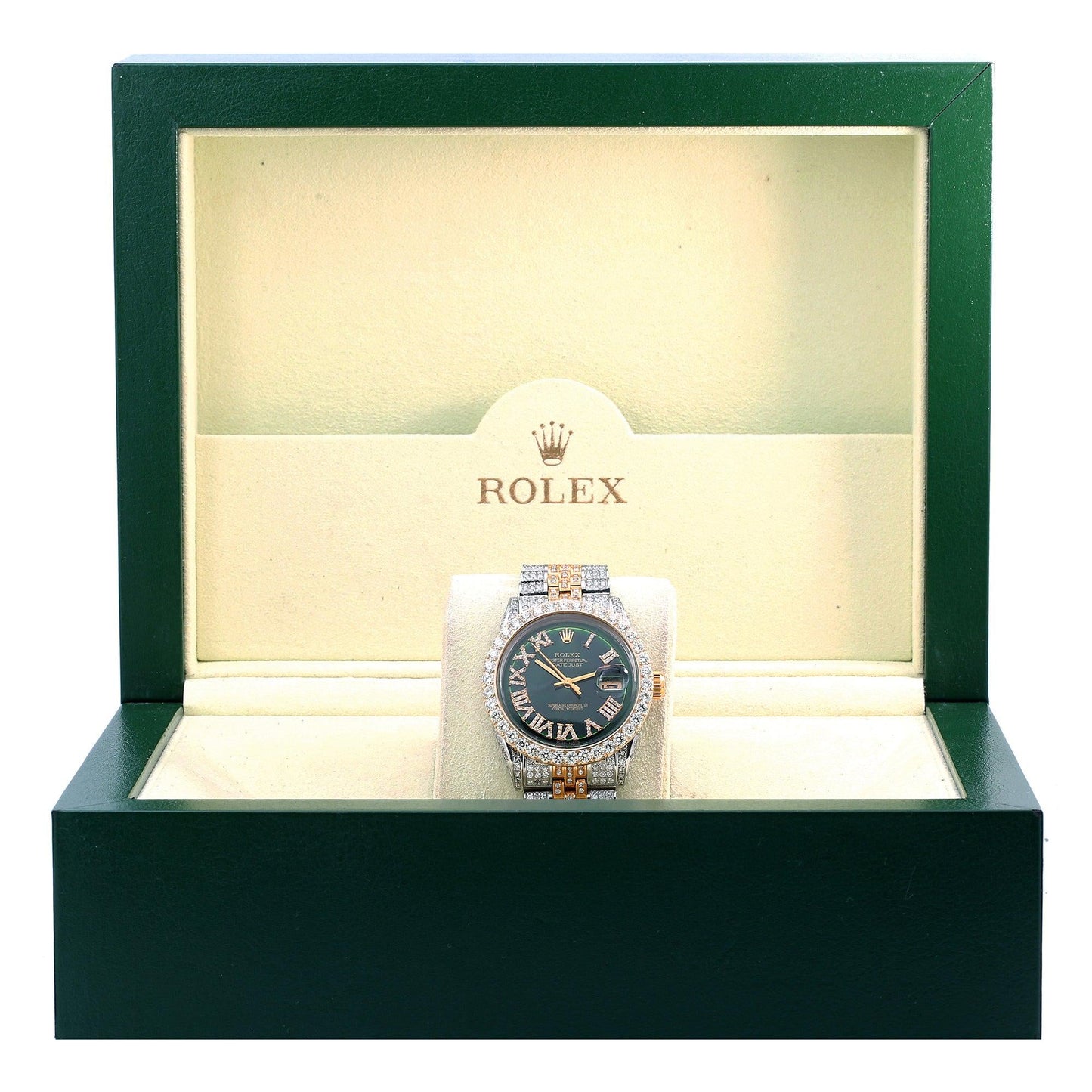 Rolex Datejust 36MM 1601 Green Roman Diamond Dial Diamond Bezel Two Tone Yellow Gold Full Diamond Jubilee Bracelet 9.25ct