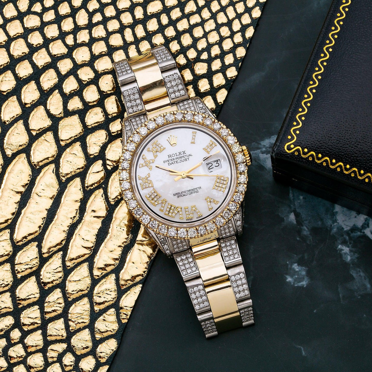 Rolex Datejust 36MM 1601 Mother of Pearl Roman Diamond Dial Diamond Bezel Two Tone Yellow Gold Semi Diamond Jubilee Bracelet