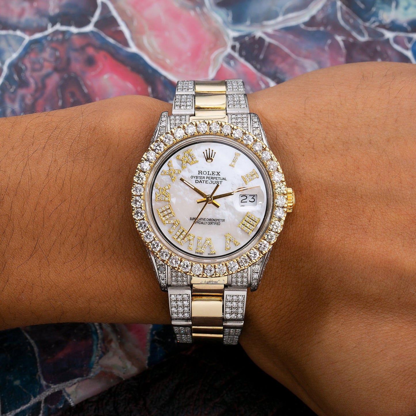 Rolex Datejust 36MM 1601 Mother of Pearl Roman Diamond Dial Diamond Bezel Two Tone Yellow Gold Semi Diamond Jubilee Bracelet