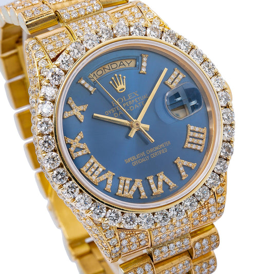 Rolex Day-Date 36MM 18038 Blue Roman Diamond Dial Diamond Bezel 18K Yellow Gold Full Diamond President Bracelet 9.25ct