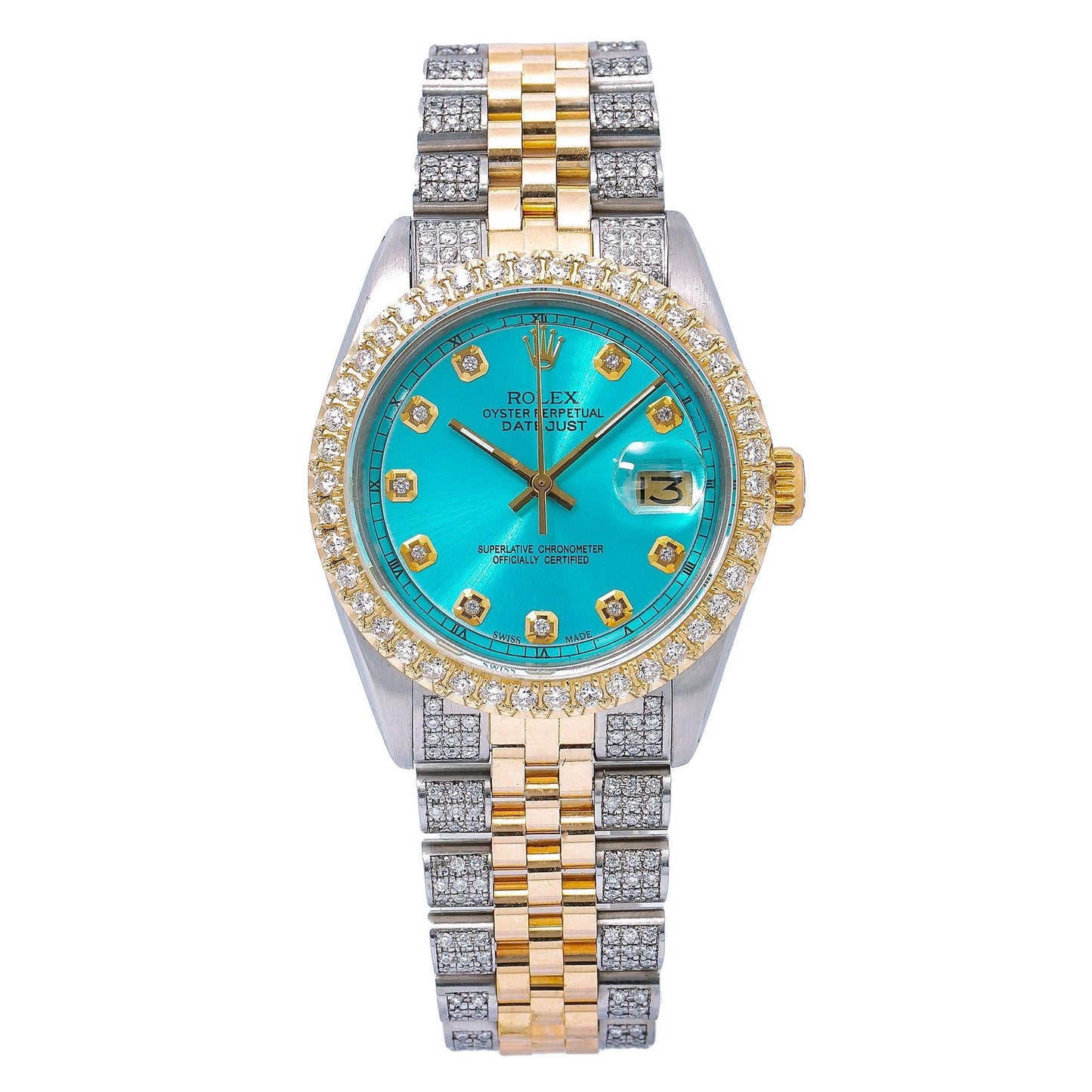 Rolex Datejust 36MM 1601 Turquoise Diamond Dial Diamond Bezel Two Tone Yellow Gold Semi Diamond Jubilee Bracelet