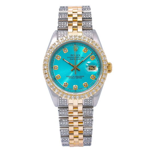 Rolex Datejust 36MM 1601 Turquoise Diamond Dial Diamond Bezel Two Tone Yellow Gold Semi Diamond Jubilee Bracelet