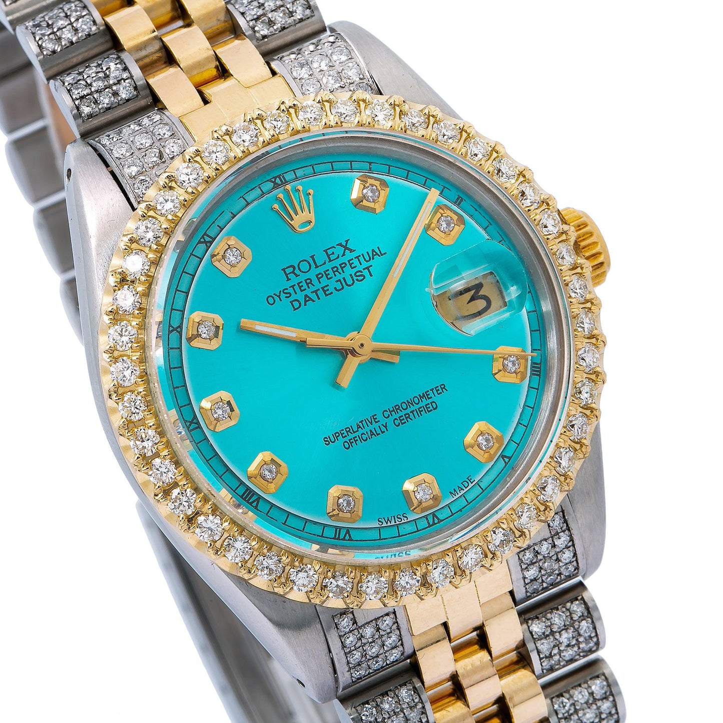Rolex Datejust 36MM 1601 Turquoise Diamond Dial Diamond Bezel Two Tone Yellow Gold Semi Diamond Jubilee Bracelet