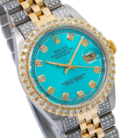 Rolex Datejust 36MM 1601 Turquoise Diamond Dial Diamond Bezel Two Tone Yellow Gold Semi Diamond Jubilee Bracelet