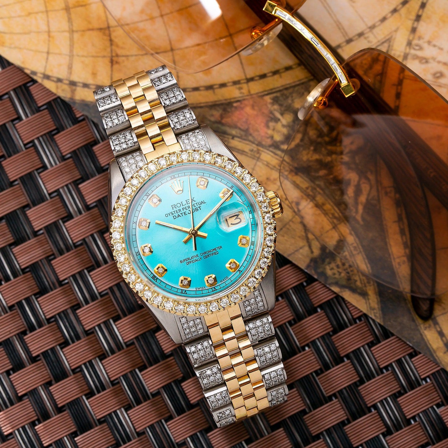Rolex Datejust 36MM 1601 Turquoise Diamond Dial Diamond Bezel Two Tone Yellow Gold Semi Diamond Jubilee Bracelet