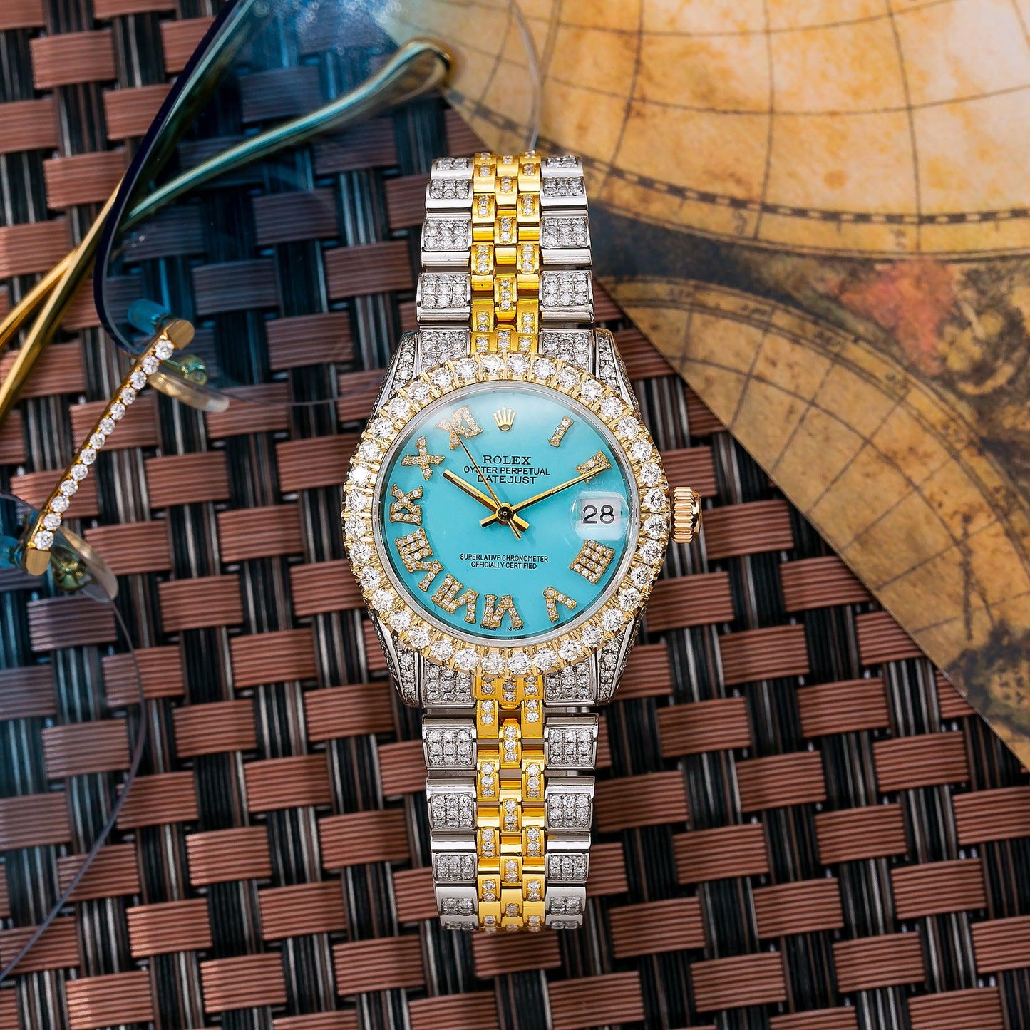 Rolex Datejust 31MM 6827 Turquoise Roman Diamond Dial Diamond Bezel Two Tone Yellow Gold Full Diamond Jubilee Bracelet 7.25ct