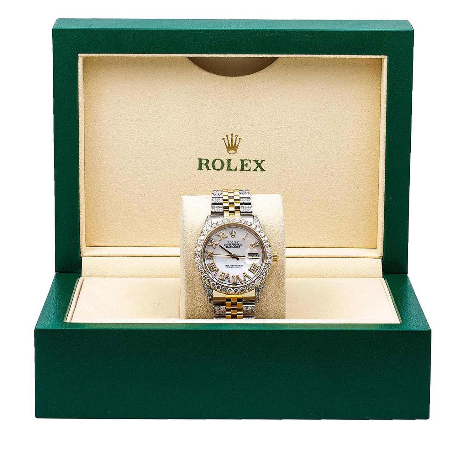 Rolex Datejust 36MM 1601 Mother of Pearl Roman Diamond Dial Diamond Bezel Two Tone Yellow Gold Semi Diamond Jubilee Bracelet 8.75ct