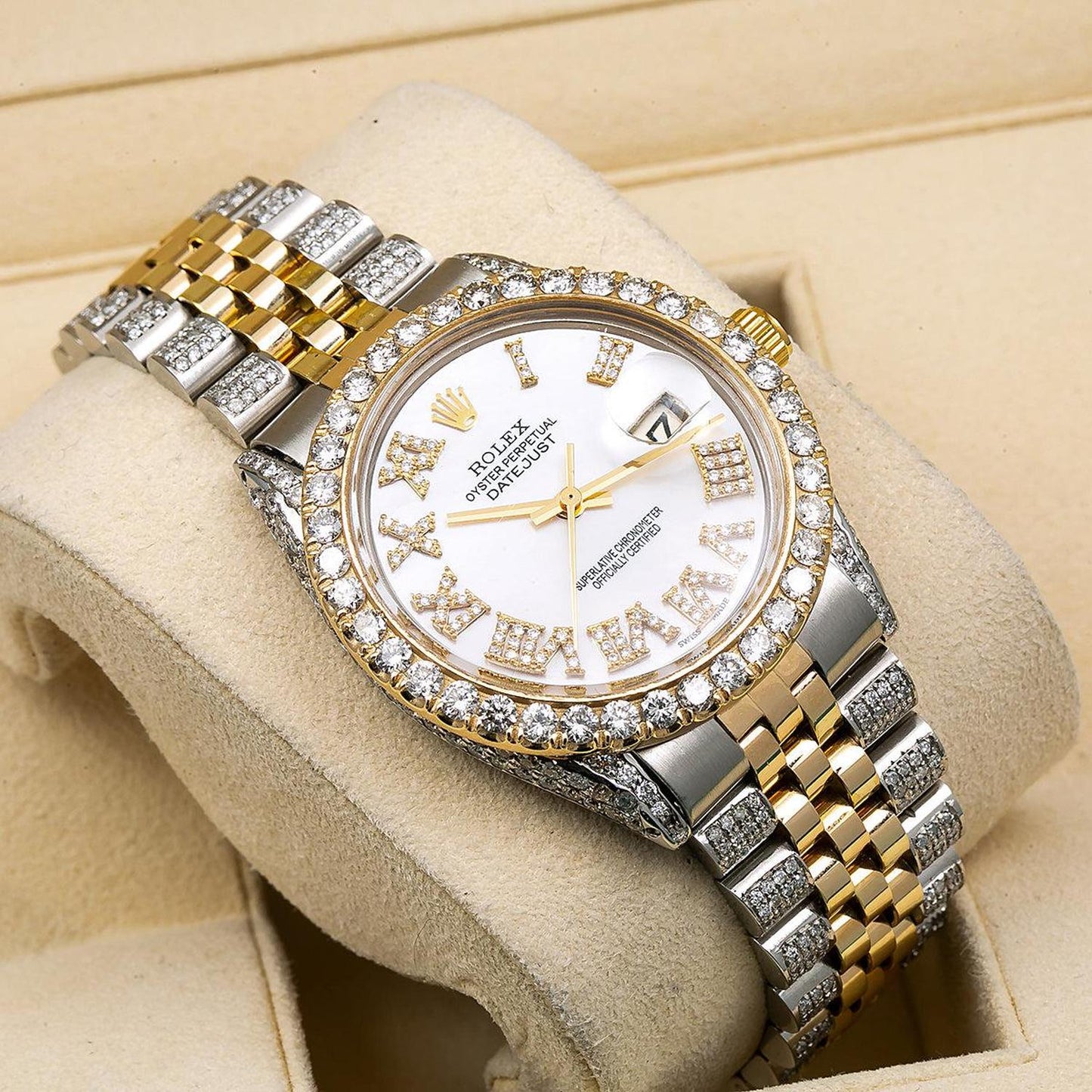 Rolex Datejust 36MM 1601 Mother of Pearl Roman Diamond Dial Diamond Bezel Two Tone Yellow Gold Semi Diamond Jubilee Bracelet 8.75ct