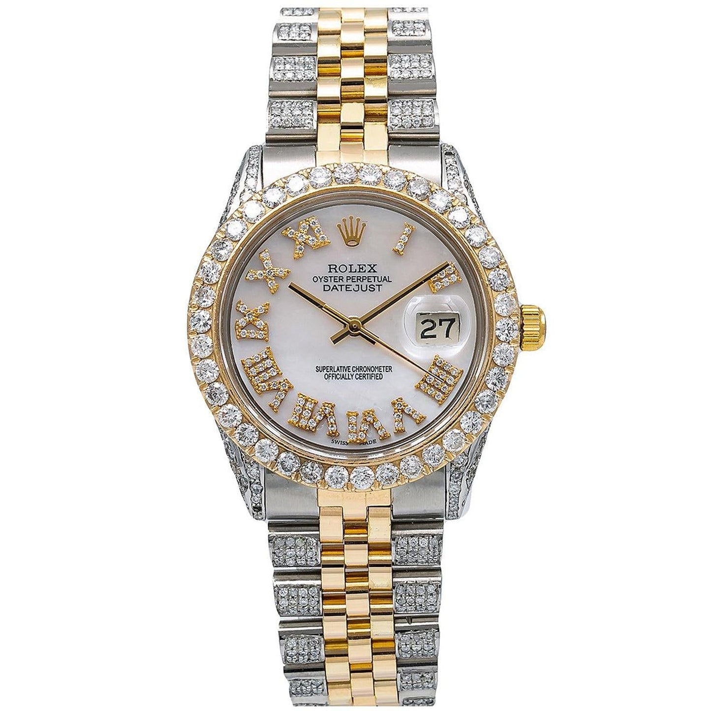 Rolex Datejust 36MM 1601 Mother of Pearl Roman Diamond Dial Diamond Bezel Two Tone Yellow Gold Semi Diamond Jubilee Bracelet 8.75ct