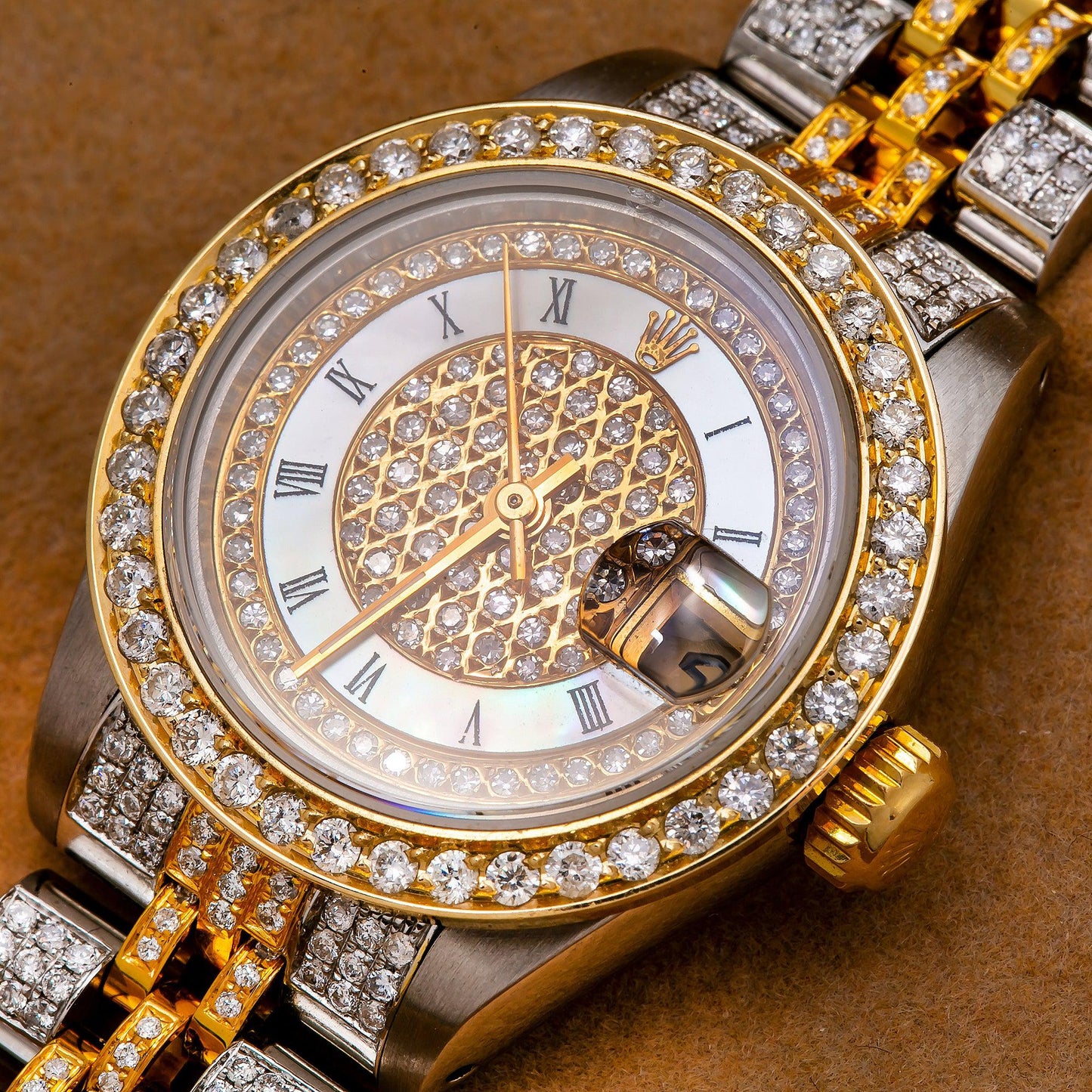 Rolex Datejust 26MM 6917 Diamond Paved Mother of Pearl Roman Dial Diamond Bezel Two Tone Yellow Gold Full Diamond Jubilee Bracelet 5.25ct